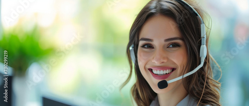 Friendly customer service representative with headset smiles warmly, ready to assist with a cheerful demeanor photo