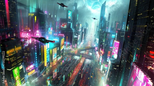 A futuristic cityscape with towering skyscrapers  neon lights illuminating the bustling streets below  flying vehicles zipping through the air