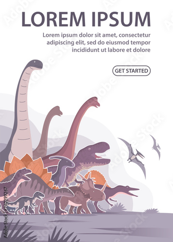 Group of dinosaurs. T rex, brachiosaurus, stegosaurus. Jurassic animals. Children toys, attraction and entertainment park. Cartoon vector illustration. Design for website, banner, poster