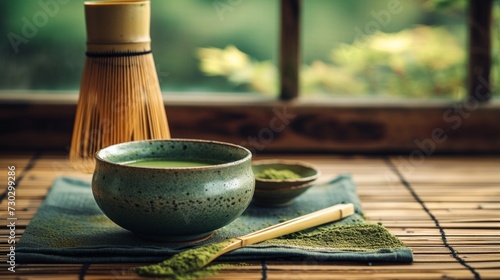 A Japanese matcha tea preparation, showcasing a vibrant green tea bowl and a ...