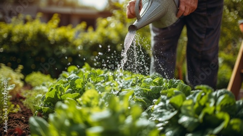 A skilled gardener gracefully watering a row of thriving vegetables in their ...