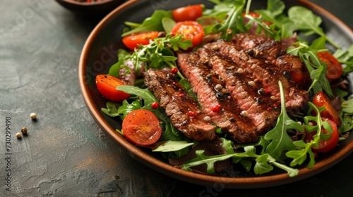 A gourmet steak salad with seared sirloin, mixed greens, cherry tomatoes, and...