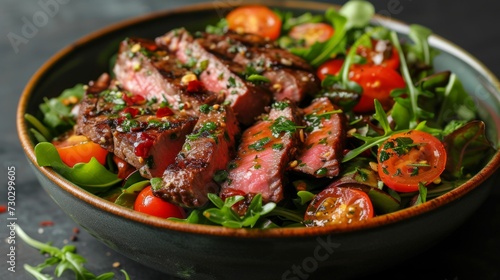 A gourmet steak salad with seared sirloin, mixed greens, cherry tomatoes, and a red wine vinaigrette © olegganko