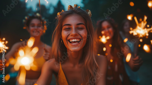 A joyful group of friends raising sparklers to celebrate a birthday under the...