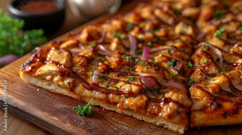 A slice of BBQ chicken pizza, adorned with tender chicken
