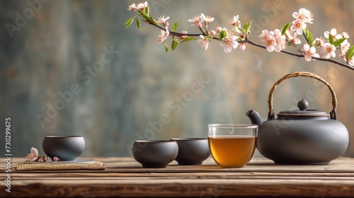 A serene tea ceremony, with a traditional Chinese teapot and cups on a wooden...