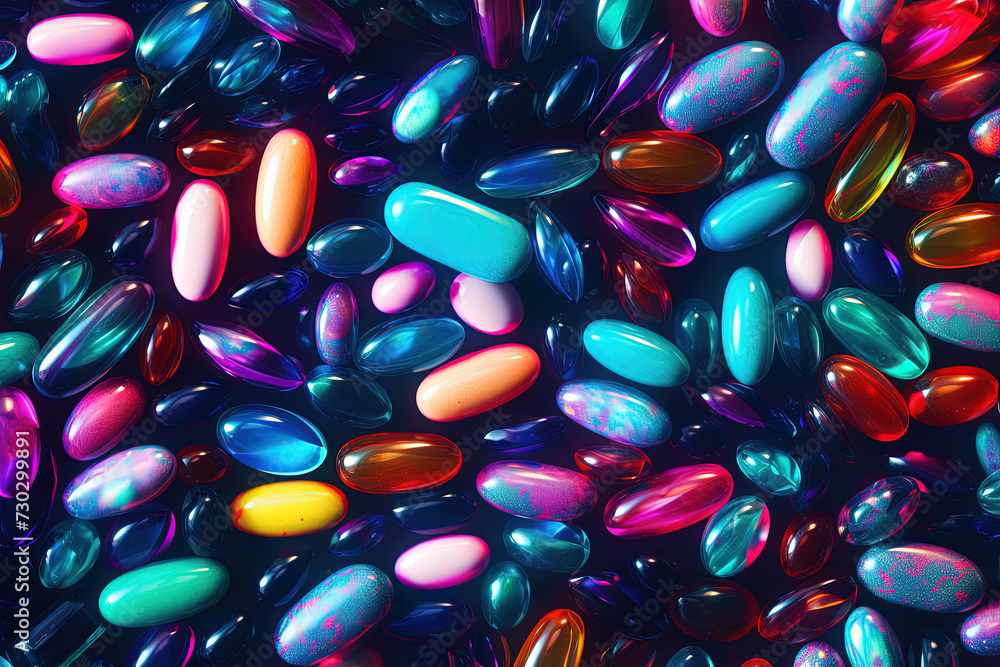 Background with pills and capsules in neon blue and purple colors. Medical drug or dietary supplement concept - obrazy, fototapety, plakaty 