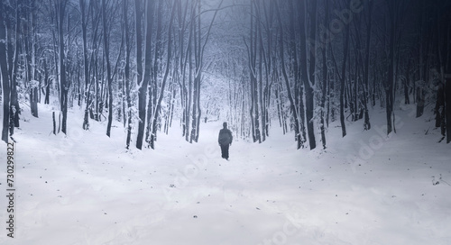 man walking on snowy path i...