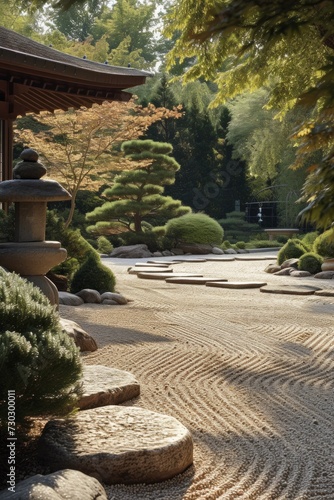 A peaceful Japanese garden with meticulously raked gravel and serene stone la...