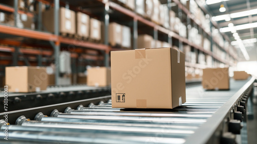 Cardboard boxes on conveyor belt in warehouse.  © Liliya