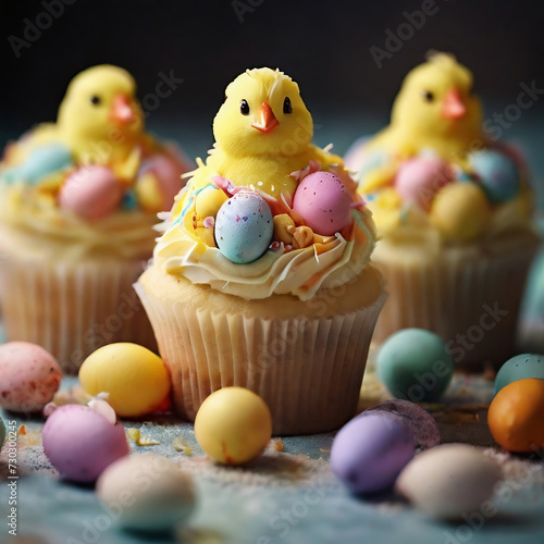 Niedliche Oster-Cupcakes mit Küken und Eiern dekoriert © KraPhoto