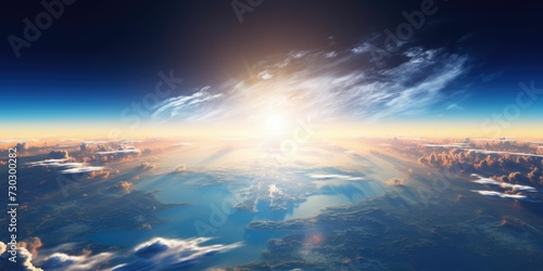 Panoramic view on planet Earth globe from space with rising sun