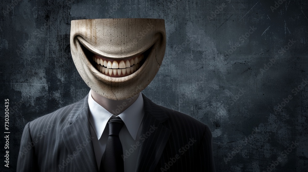 a creepy mask is placed on a man's head in a suit and tie - obrazy, fototapety, plakaty 