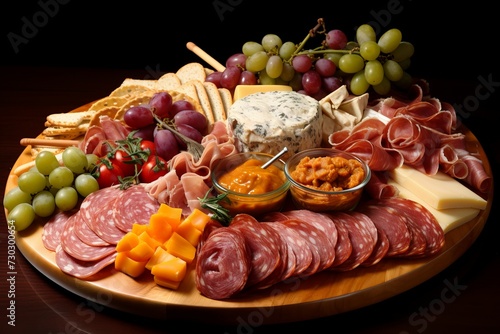 Savory Meat cheese tray. Snack olive cheddar. Generate Ai