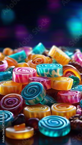 The image features a pile of brightly colored candy.
