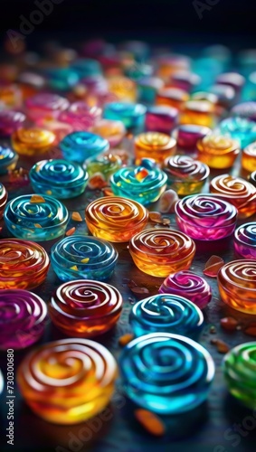 The image features a close-up of many colorful, circular objects arranged in rows. The colors of the objects range from light blue to dark red, and they have a shiny, glass-like appearance. 