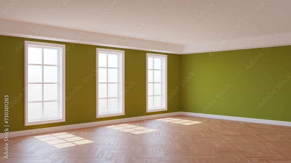 Obraz premium Sunny Empty Interior with Khaki Walls, Three Large Windows, White Ceiling and Cornice, Glossy Herringbone Parquet Flooring and a White Plinth, 3D Rendering. 8K Ultra HD, 7680x4320, 300 dpi
