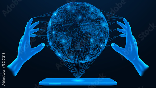 Hands interact with the holographic image on the device. Projection of the planet Earth in a smartphone. Blue background.