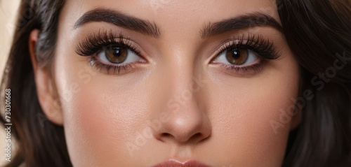 a close up of a woman's face with long, brown hair and eyeliners on her face.