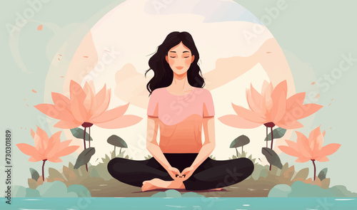 Woman sitting with a flower illustration in the background, good mental health yoga lifestyle selfcare vector