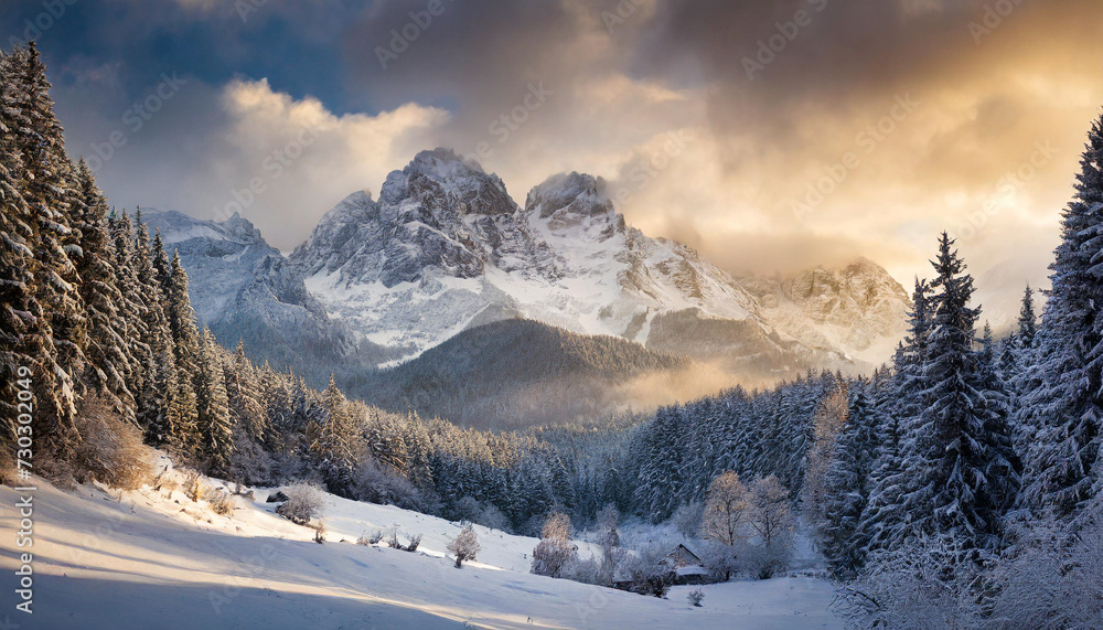 winter scene snowcapped mountains under clear sky serene beauty