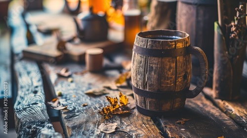 Wooden vintage mug with beer on a bar counter