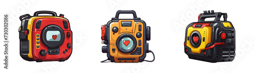 Cartoon defibrillatorm set. Vector illustration