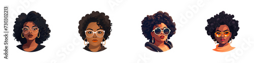 Young black woman in glasses avatar set. Cartoon vector illustration