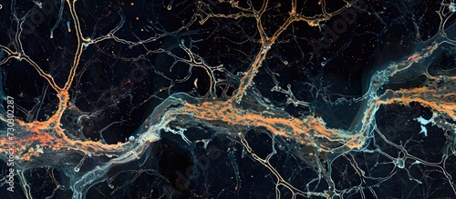 Longitudinally sectioned nerve fibers fixed with osmium tetroxide. Myelin sheaths seen as parallel black lines. Oblique clear lines are Schmidt-Lanterman incisures. photo