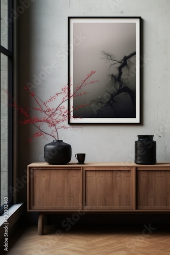 Black framed picture and vase near a wooden chest in a interior living