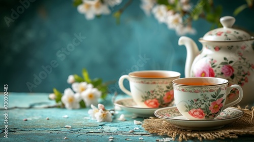 An elegant tea set featuring delicate porcelain cups, saucers, and a floral t...