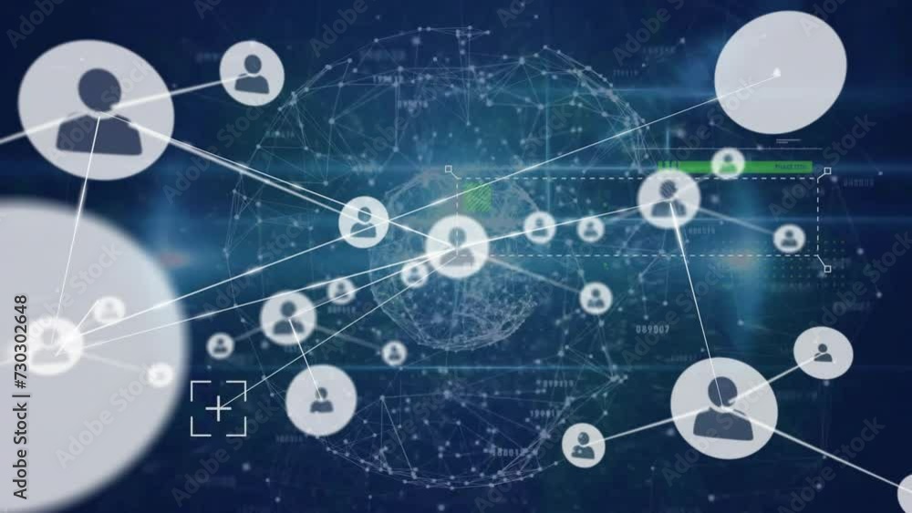 Animation of network of people icons over processing data on dark background Animation of network of people icons over processing data on dark background
