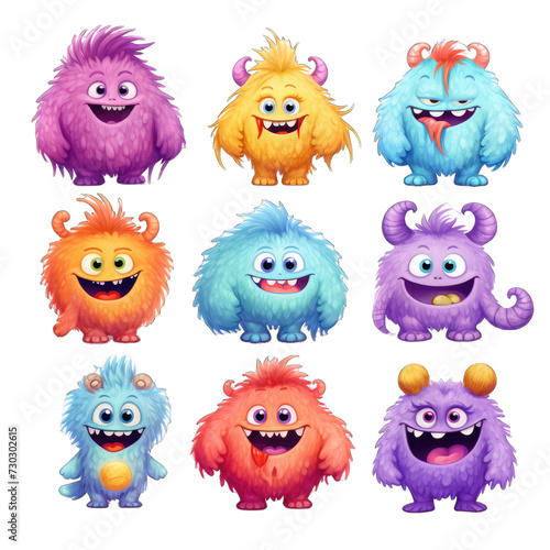 Colorful Furry Monster Collection. Adorable Cartoon Characters in Action. Isolated on a Transparent Background. Cutout PNG.