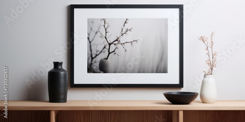 Black framed picture and vase near a wooden chest in a interior living photo