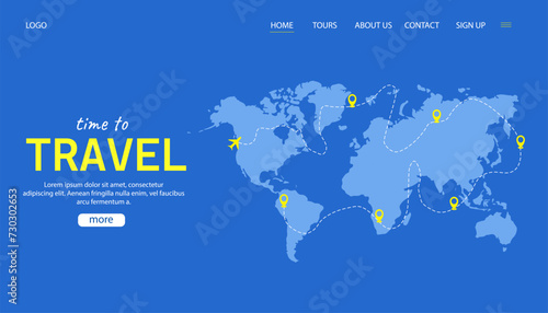 Time to travel landing page template. World map and airplane route on web page layout, tourism and travel business concept. Vector illustration
