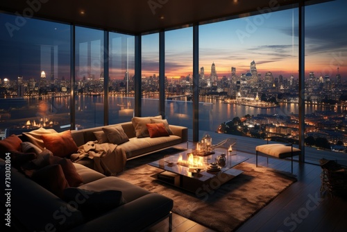 A luxurious penthouse interior with a city skyline view photo