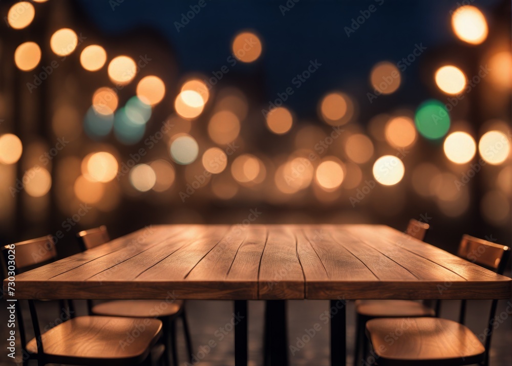 Wooden Table Illuminated by Evening Street Blurred Bokeh: Cozy Urban Ambiance
