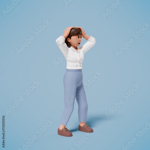Photography 3d woman panicked while holding his head with both hands with blue background