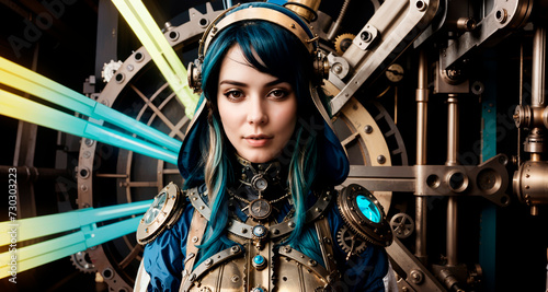 Abstract image of a woman in a suit with mechanical elements against the background of an unknown device made of pipes and gears. In steampunk style.