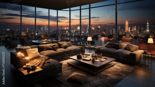 A luxurious penthouse interior with a city skyline view © Mahenz