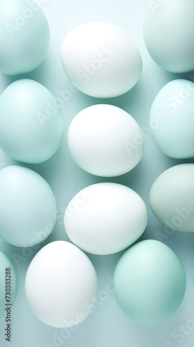 Assorted eggs in cool hues on soft blue gradient background. Easter greeting card, phone wallpaper, stories backdrop
