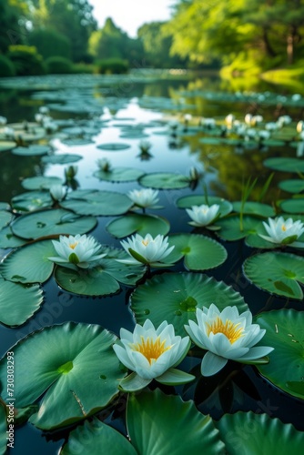 A tranquil pond surrounded by water lilies  their leaves floating gracefully