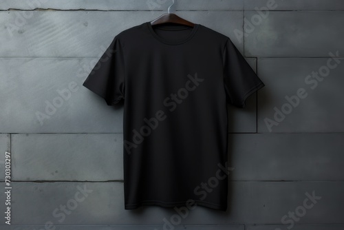 Black t shirt is seen against a gray wall