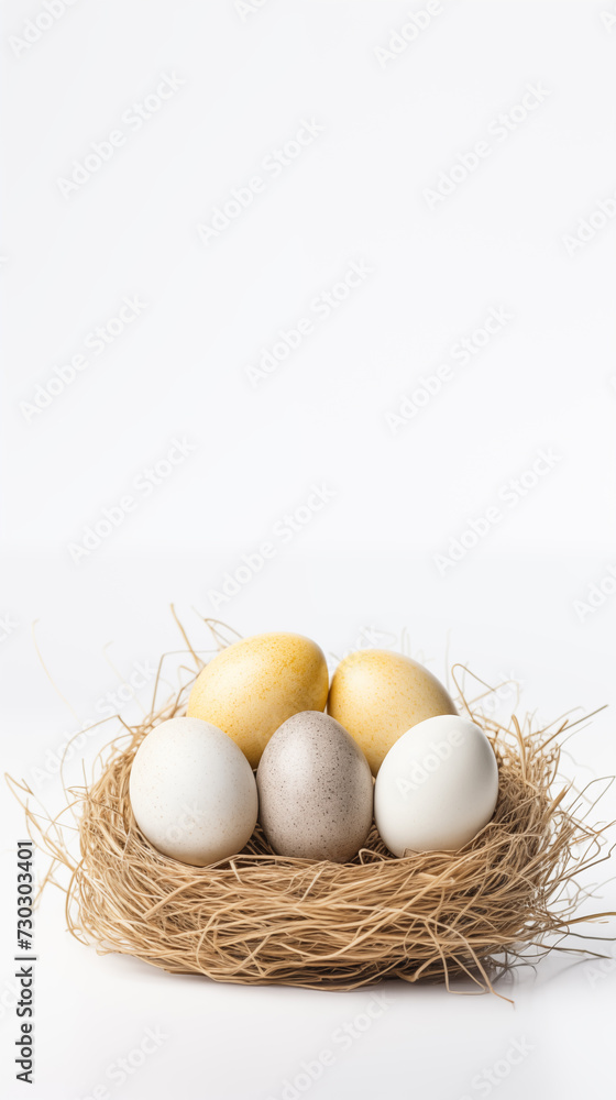 Nest with natural eggs on white background with copy space Nest with natural eggs on white background with copy space