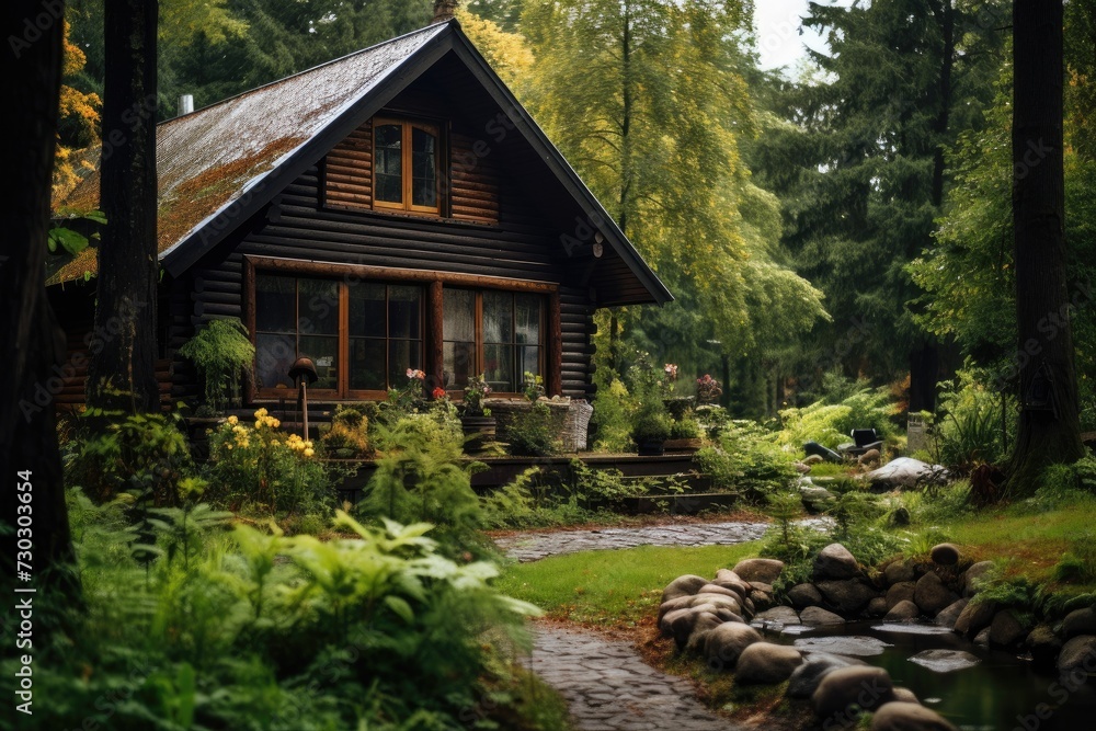 Cozy wooden cabin in lush forest with garden path. Serenity in nature. Cozy wooden cabin in lush forest with garden path. Serenity in nature.
