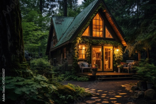 Cozy cabin house illuminated at twilight surrounded by forest. Tranquil living environment.