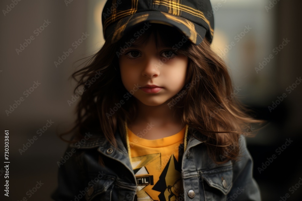 Portrait of a cute little girl in a cap on a dark background Portrait of a cute little girl in a cap on a dark background