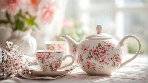 An elegant tea set featuring delicate porcelain cups, saucers, and a floral t...