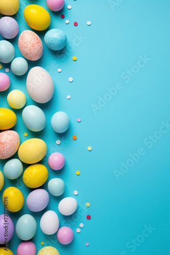 Blue background with colorful easter eggs round frame texture