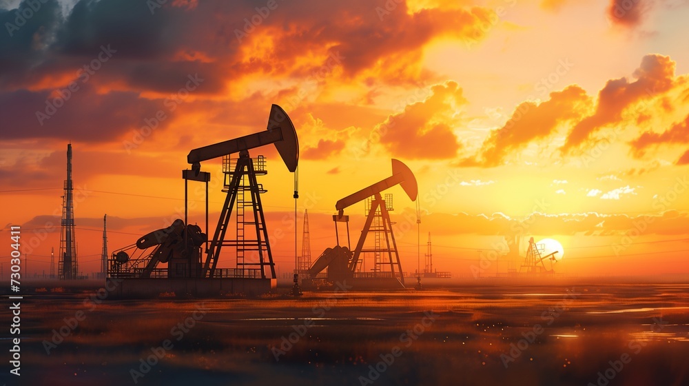 a sunset with oil pumps in the foreground